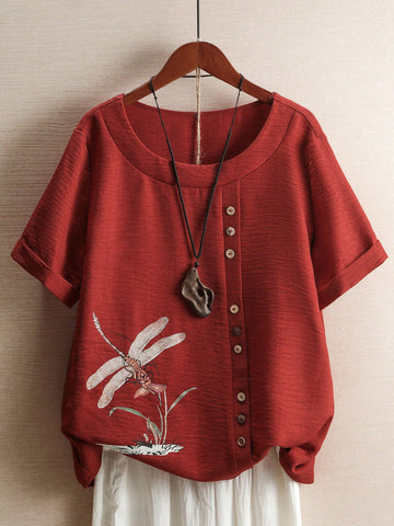 LUNE Women's Summer Dragonfly Print Shirt With Split Button Decorated Round Neckline