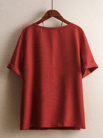 LUNE Women's Summer Dragonfly Print Shirt With Split Button Decorated Round Neckline