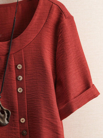 LUNE Women's Summer Dragonfly Print Shirt With Split Button Decorated Round Neckline