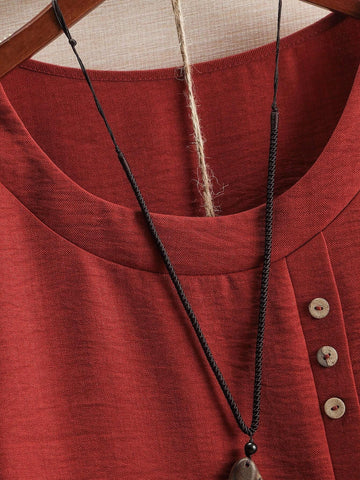 LUNE Women's Summer Dragonfly Print Shirt With Split Button Decorated Round Neckline