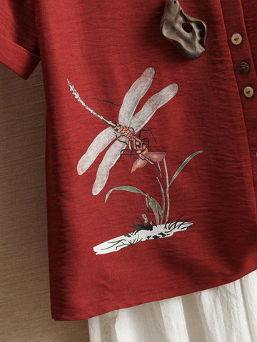 LUNE Women's Summer Dragonfly Print Shirt With Split Button Decorated Round Neckline