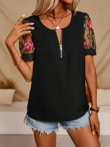 LUNE Women's Summer Elegant Zipper Half-Placket Floral Embroidery Mesh Short Puff Sleeve Blouse