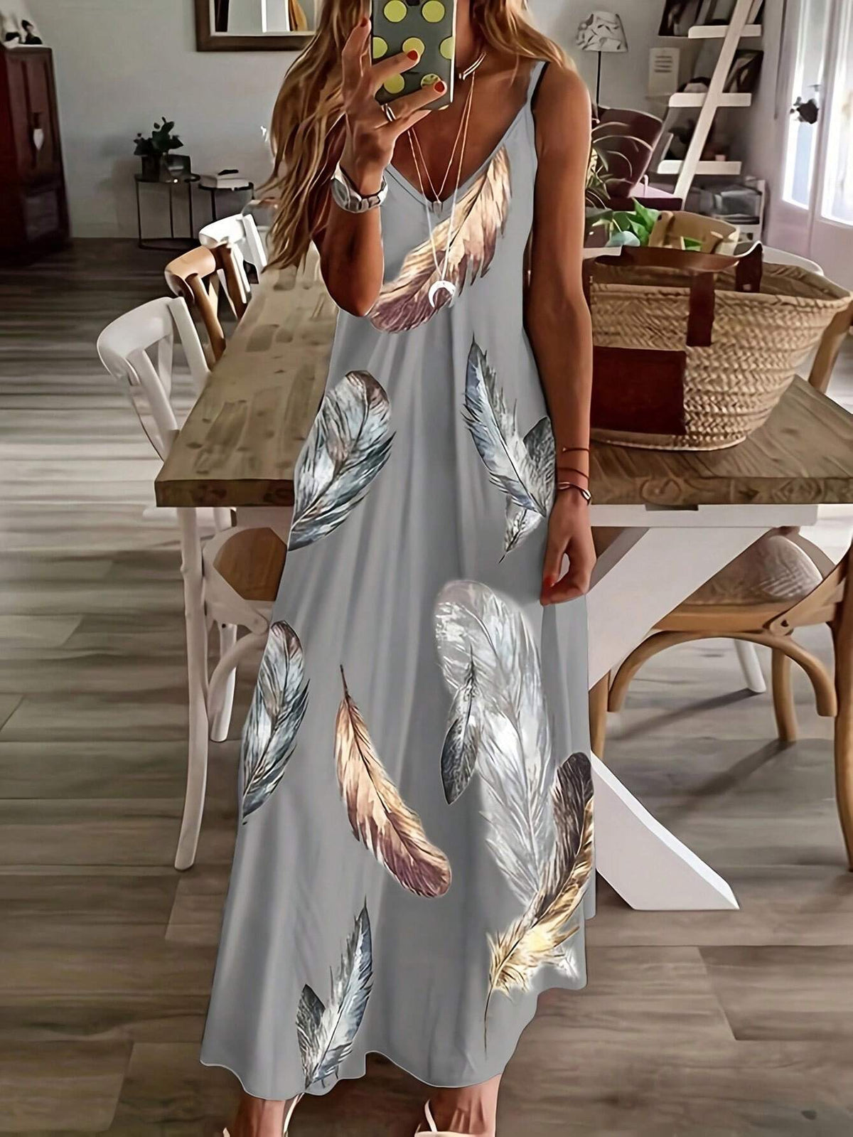 Women's Summer Feather Print Holiday Cami Casual Dress