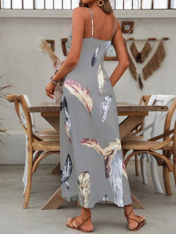 Women's Summer Feather Print Holiday Cami Casual Dress