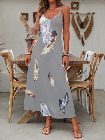Women's Summer Feather Print Holiday Cami Casual Dress