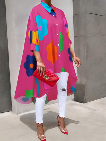 LUNE Women's Summer Floral Print Loose Long Sleeve Button-Up Blouse