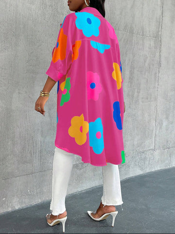 LUNE Women's Summer Floral Print Loose Long Sleeve Button-Up Blouse