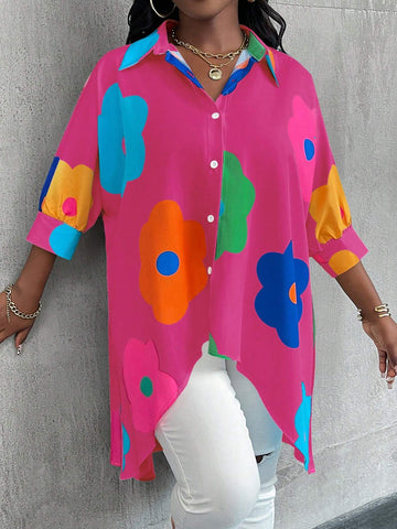 LUNE Women's Summer Floral Print Loose Long Sleeve Button-Up Blouse