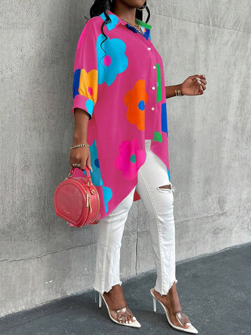 LUNE Women's Summer Floral Print Loose Long Sleeve Button-Up Blouse