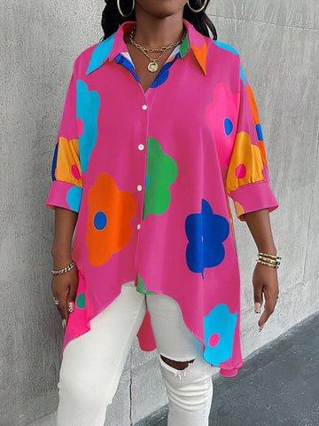 LUNE Women's Summer Floral Print Loose Long Sleeve Button-Up Blouse