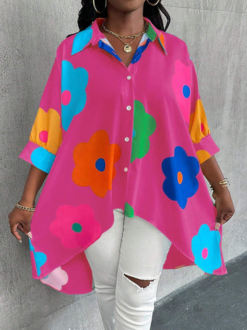 LUNE Women's Summer Floral Print Loose Long Sleeve Button-Up Blouse