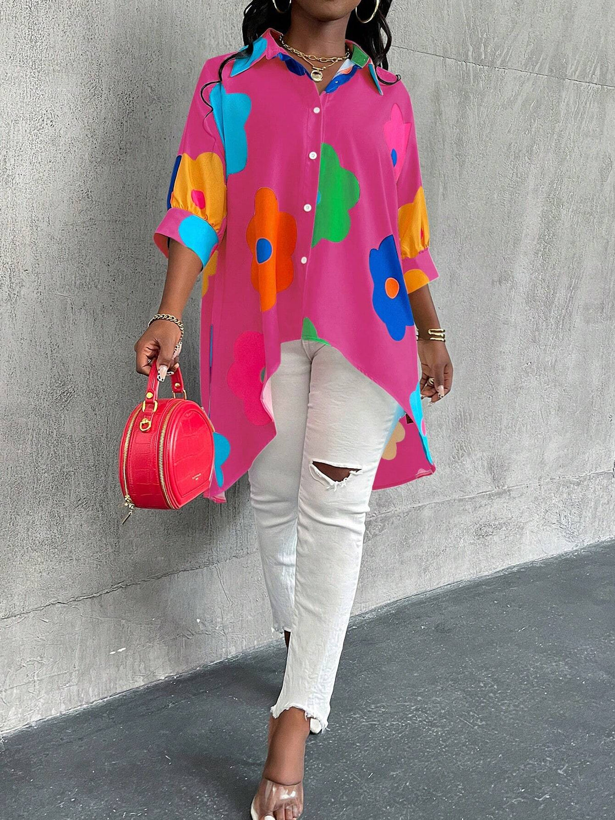 LUNE Women's Summer Floral Print Loose Long Sleeve Button-Up Blouse