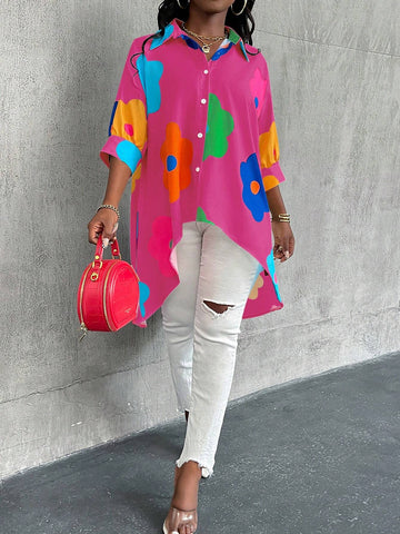 LUNE Women's Summer Floral Print Loose Long Sleeve Button-Up Blouse