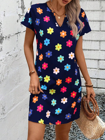Women's Summer Floral Print Notched V-Neck Short Sleeve Straight Casual Dress