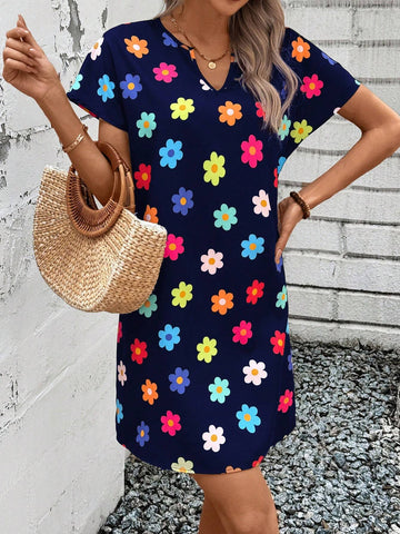 Women's Summer Floral Print Notched V-Neck Short Sleeve Straight Casual Dress