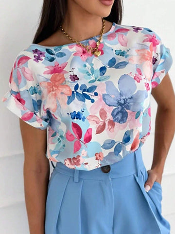 LUNE Women's Summer Floral Print Round Neck Batwing Sleeve Loose Casual Blouse