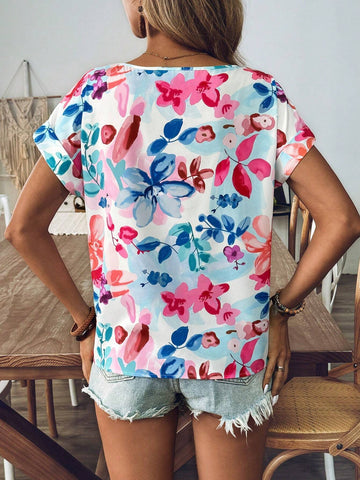 LUNE Women's Summer Floral Print Round Neck Batwing Sleeve Loose Casual Blouse