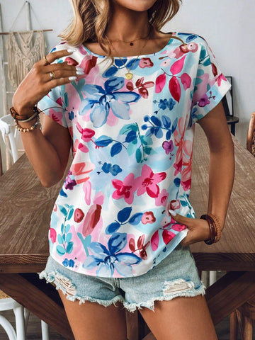 LUNE Women's Summer Floral Print Round Neck Batwing Sleeve Loose Casual Blouse