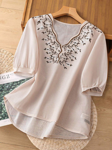 LUNE Women's Summer Floral Print V-Neck Balloon Sleeve Loose Blouse