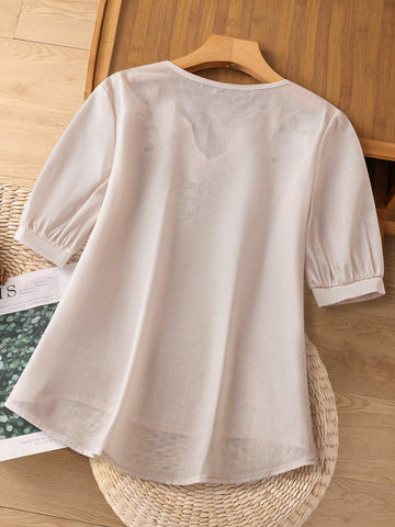 LUNE Women's Summer Floral Print V-Neck Balloon Sleeve Loose Blouse