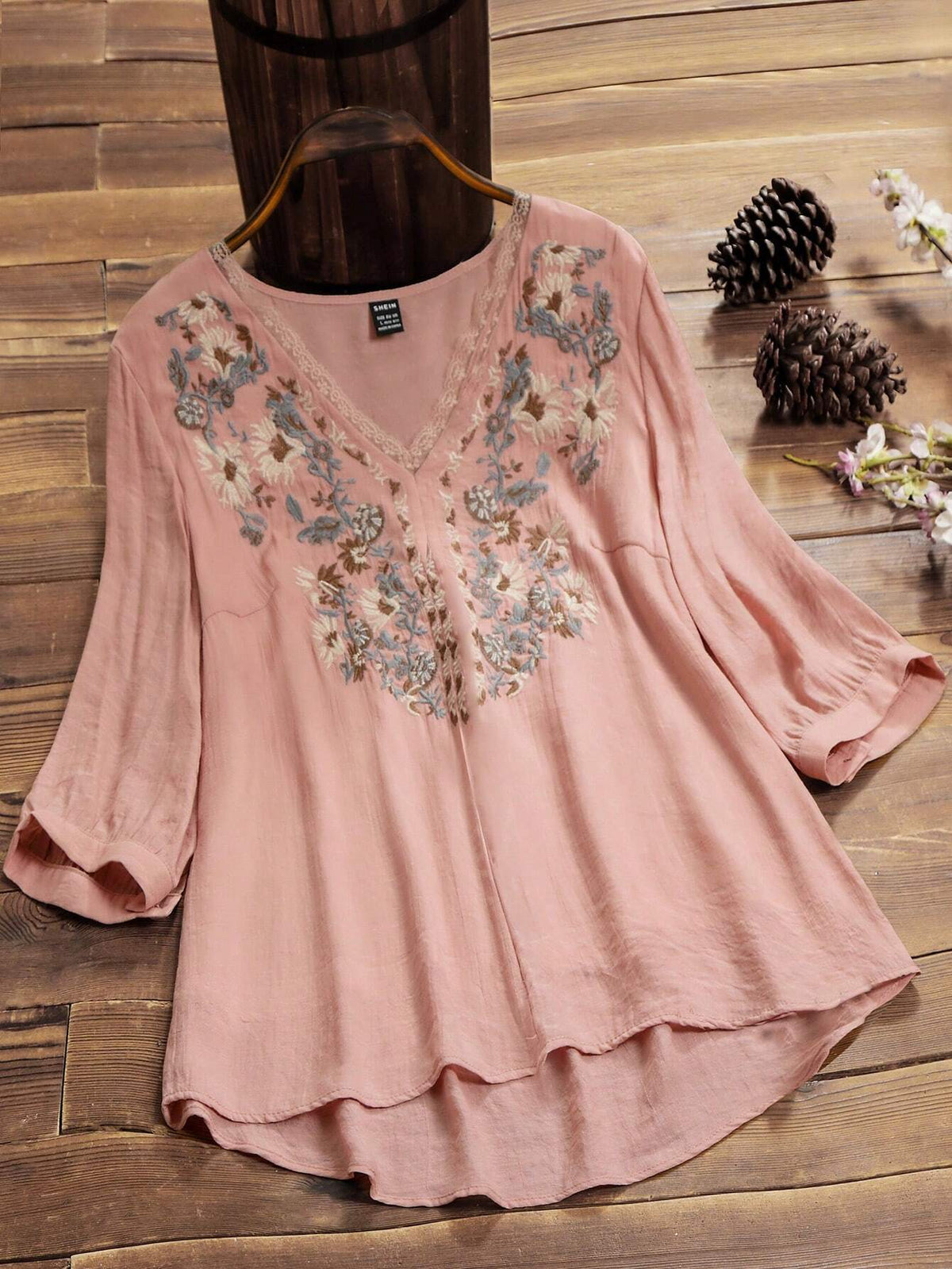 LUNE Women's Summer Floral Print V-Neck Long Sleeve High Low Hem Casual Shirt