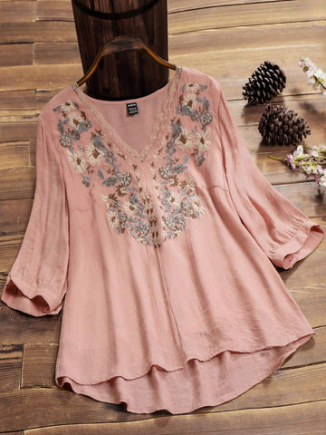 LUNE Women's Summer Floral Print V-Neck Long Sleeve High Low Hem Casual Shirt