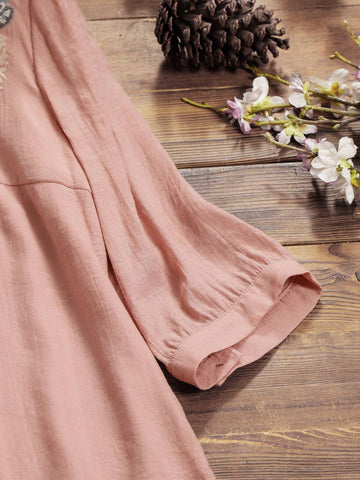 LUNE Women's Summer Floral Print V-Neck Long Sleeve High Low Hem Casual Shirt