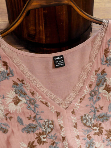 LUNE Women's Summer Floral Print V-Neck Long Sleeve High Low Hem Casual Shirt