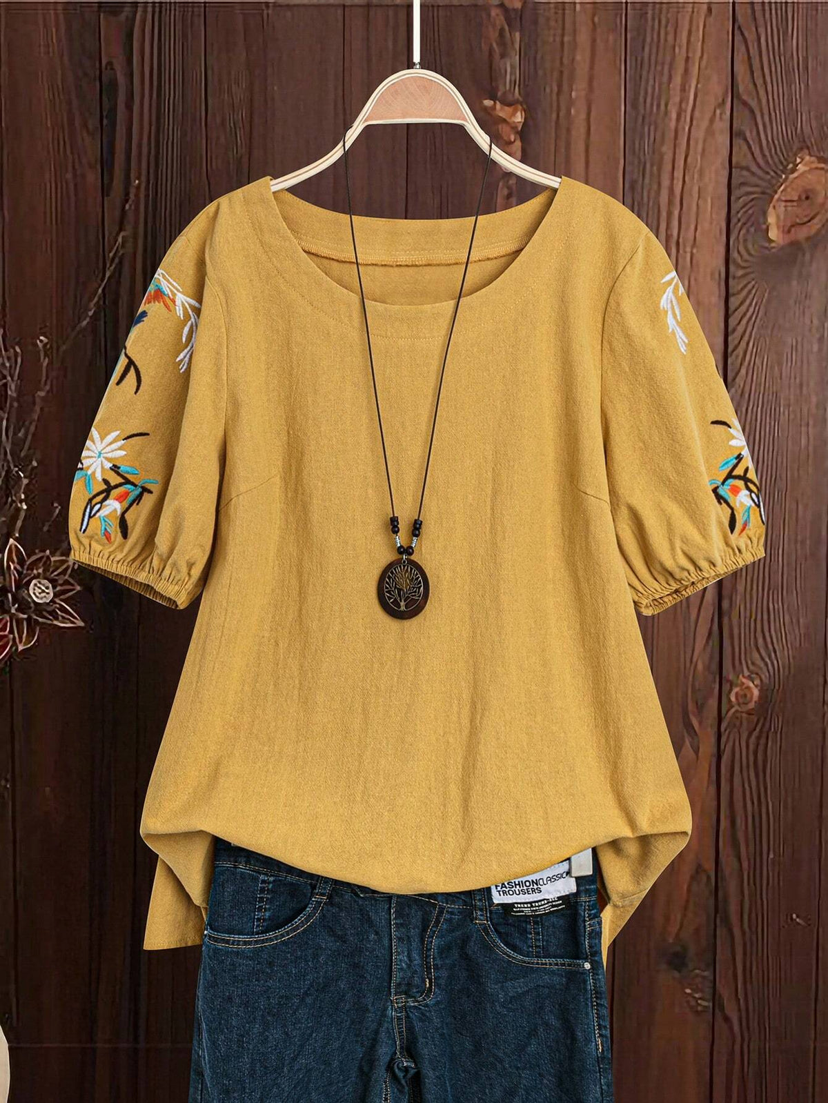 LUNE Women's Summer Floral Printed Round Neck Short Puff Sleeve Casual Casual Shirt