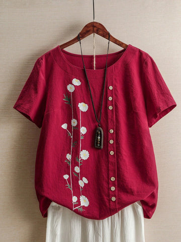 LUNE Women's Summer Floral Printed Round Neck Short Sleeve Loose Casual Shirt