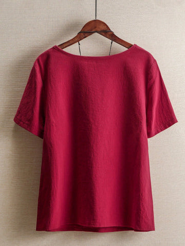 LUNE Women's Summer Floral Printed Round Neck Short Sleeve Loose Casual Shirt