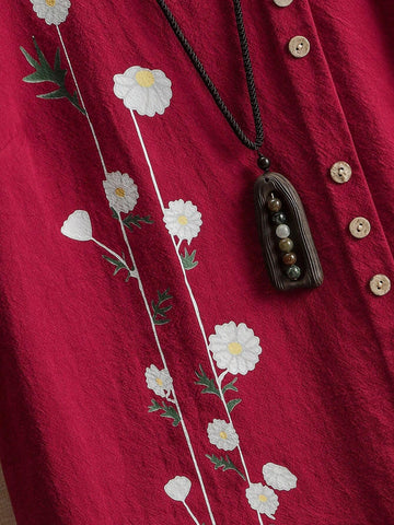 LUNE Women's Summer Floral Printed Round Neck Short Sleeve Loose Casual Shirt