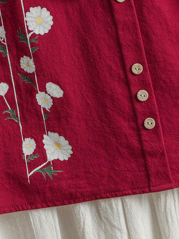 LUNE Women's Summer Floral Printed Round Neck Short Sleeve Loose Casual Shirt