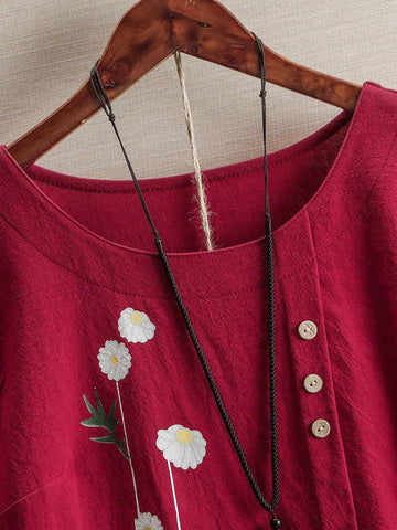 LUNE Women's Summer Floral Printed Round Neck Short Sleeve Loose Casual Shirt