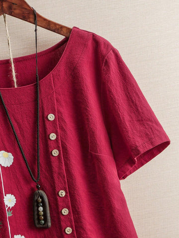 LUNE Women's Summer Floral Printed Round Neck Short Sleeve Loose Casual Shirt