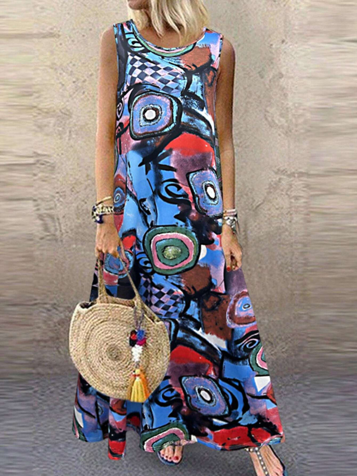 Women's Summer Geometric Print Casual Fit Long Sleeveless Top Dress With Round Neck