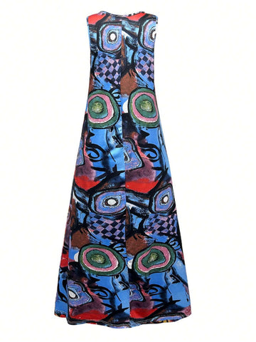Women's Summer Geometric Print Casual Fit Long Sleeveless Top Dress With Round Neck