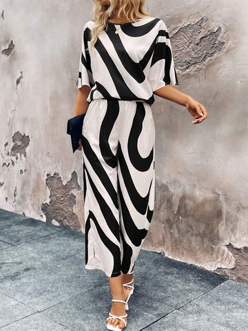 Women's Summer Geometric Print Round Neck Batwing Sleeve Top And Wide Leg Casual Pants Set (Random Print Cutting)