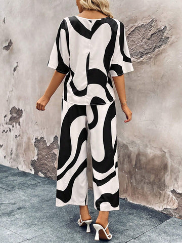 Women's Summer Geometric Print Round Neck Batwing Sleeve Top And Wide Leg Casual Pants Set (Random Print Cutting)