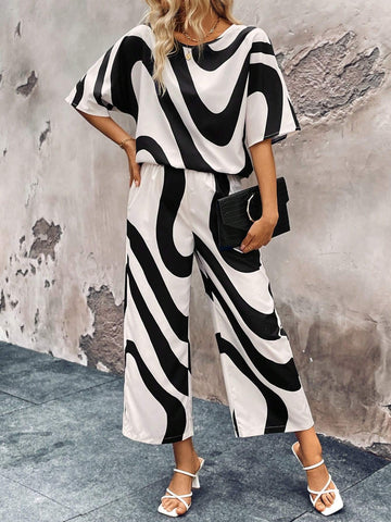 Women's Summer Geometric Print Round Neck Batwing Sleeve Top And Wide Leg Casual Pants Set (Random Print Cutting)