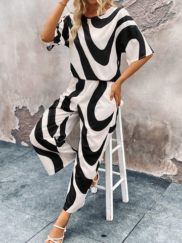 Women's Summer Geometric Print Round Neck Batwing Sleeve Top And Wide Leg Casual Pants Set (Random Print Cutting)
