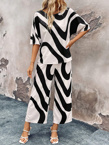 Women's Summer Geometric Print Round Neck Batwing Sleeve Top And Wide Leg Casual Pants Set (Random Print Cutting)