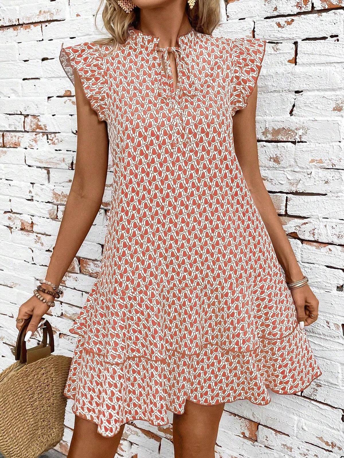 Women's Summer Geometric Printed Dress With Asymmetric Hem, Notched Neckline, Tie Waist And