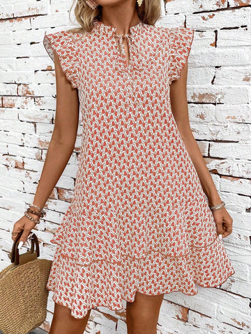 Women's Summer Geometric Printed Dress With Asymmetric Hem, Notched Neckline, Tie Waist And