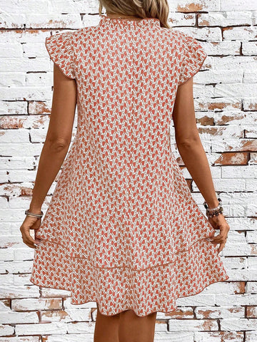 Women's Summer Geometric Printed Dress With Asymmetric Hem, Notched Neckline, Tie Waist And