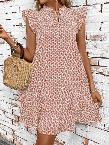 Women's Summer Geometric Printed Dress With Asymmetric Hem, Notched Neckline, Tie Waist And