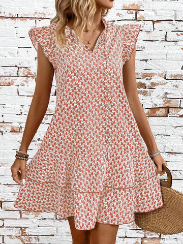 Women's Summer Geometric Printed Dress With Asymmetric Hem, Notched Neckline, Tie Waist And