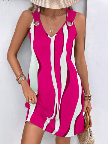 Women's Summer Holiday Casual Contrast Color Printed Sleeveless Dress