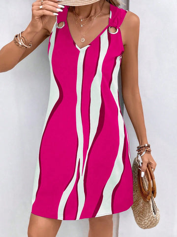 Women's Summer Holiday Casual Contrast Color Printed Sleeveless Dress