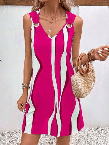 Women's Summer Holiday Casual Contrast Color Printed Sleeveless Dress